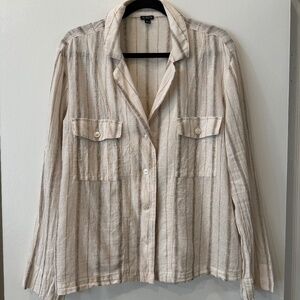 J.Crew Linen Button Front Shirt 8 Beige Striped Utility Pockets Lightweight